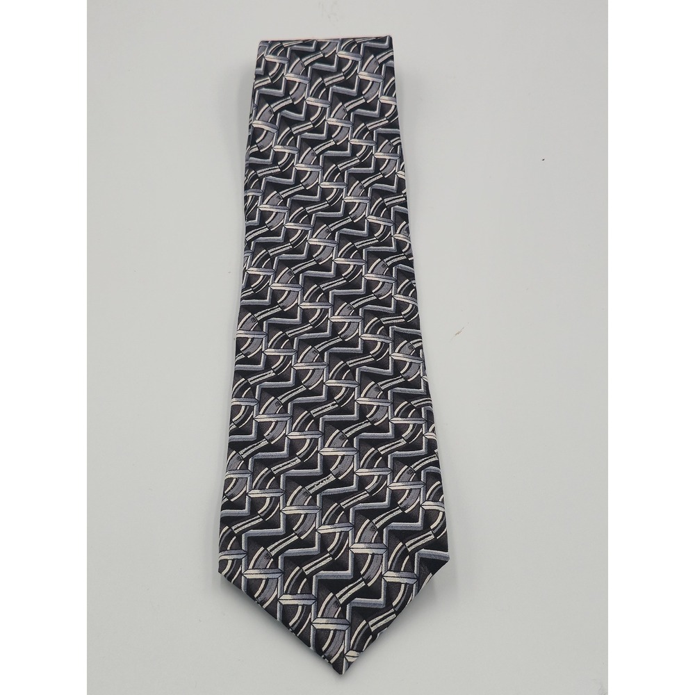 J. Garcia Mens Silk Necktie Black Grey Silver Geometric Abstract Art Tie